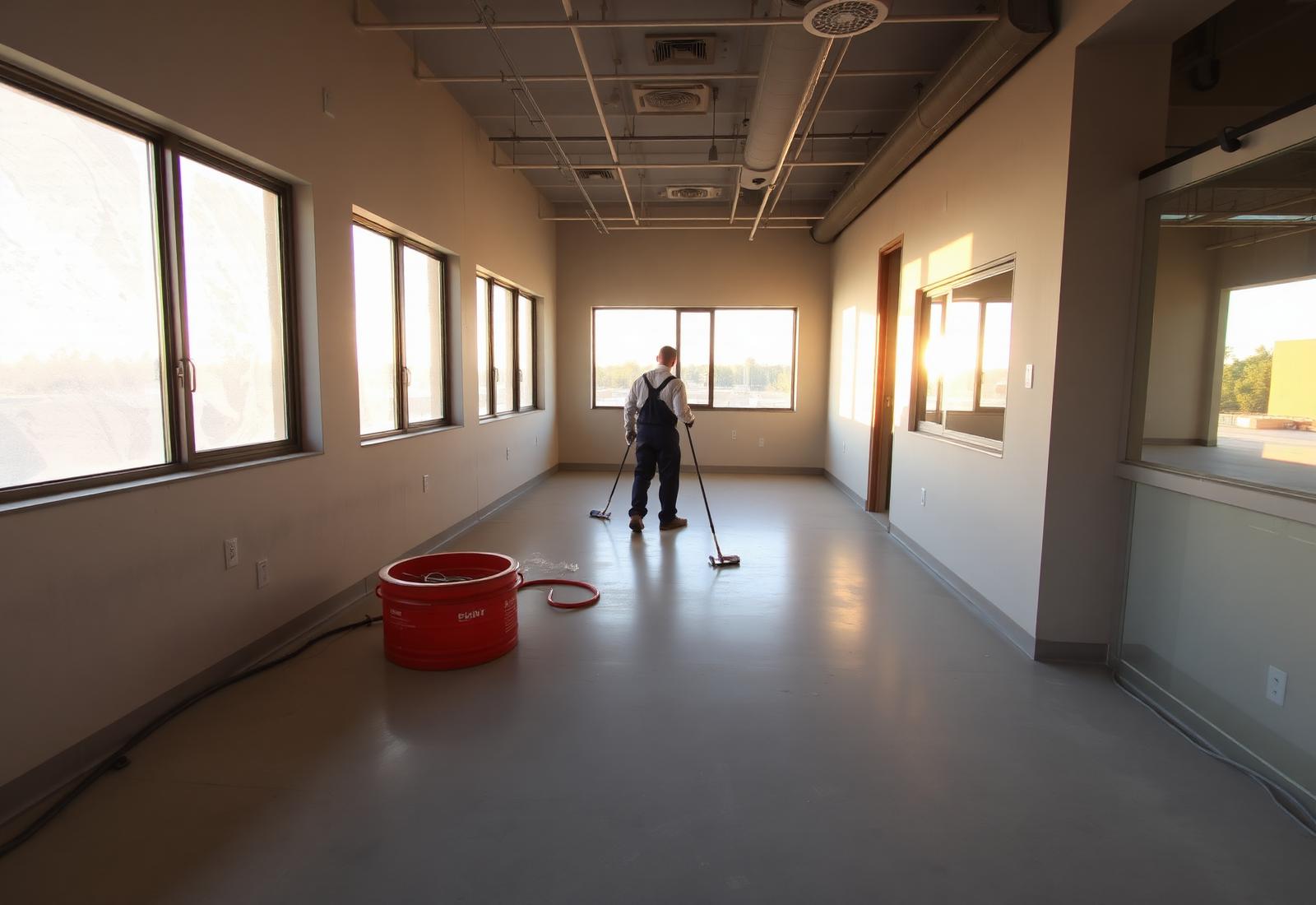 A worker performing a post-construction final clean in a newly built interior